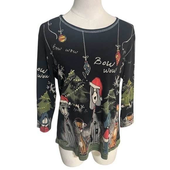 jess & jane Tops - Jess & Jane Bow Wow Christmas Holiday Black Dog Shirt Size M Santa Hat Sweater